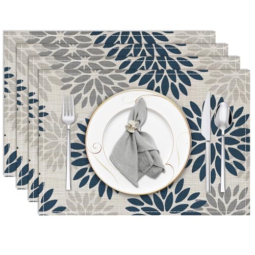 Niviy Dahlia Aqua Floral Pinnata Flower Placemats Set of 4, 12x18 Inch Washable Easy to Clean Heat-Resistant Anti-Skid Grey Placemats for Holiday Party Kitchen