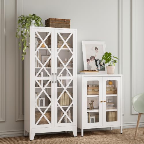 Image of Bevivog 71 inch Tall Display Cabinet with Glass Doors, Farmhouse Metal Storage Glass Cabinet with 4 Adjustable Shelves, White Vintage Storage Cabinet for Collectibles,Curio, Books, Chinaware, Figures