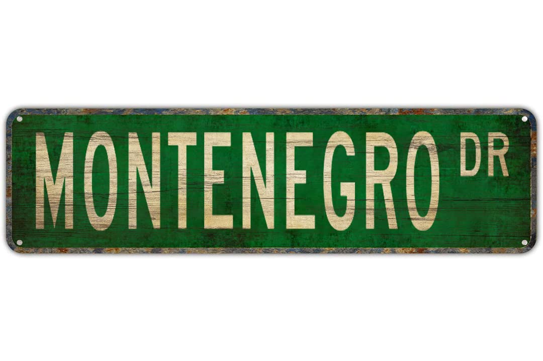 Vintage Wall Decor Montenegro Sign Rustic Lake Beach House Cottage Cabin Cave Metal Street Sign 4x16 Inch
