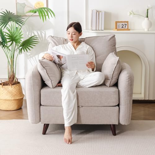 Rexulqo Oversized Accent Chair with All Seats Storage,Comfy Living Room Chairs with 2 Throw Pillow,Upholstered Mid-Century Armchair,24.5'' Deep Seat,Reading Chair for Bedroom,Office,Chenille,Khaki