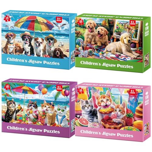 Jeacirio 4 Pack 100 Piece Puzzles for Kids Ages 4-6 6-8 8-10, Dog Cat Jigsaw Puzzles for Kids, Large Piece Educational Puzzle Toys with Posters & Bags, Gifts for Boys Girls