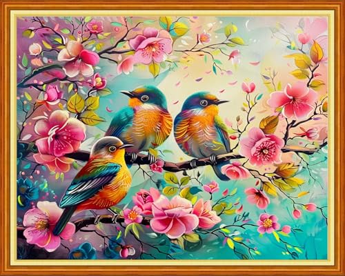 Image of Foxhool Stamped Cross Stitch Kits,11CT Printed Cross Stitch Pattern Full Embroidery Kits for Beginner Needlepoint Kits-Peach Blossom Bird 16x20 inch