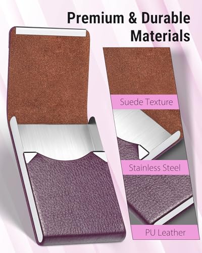 MaxGear Business Card Holder, PU Leather & Stainless Steel Business Card Case for Men or Women, Slim Name Cards Holder RFID Blocking Credit Cards Carrier with Magnetic Closure, Black Carbon4