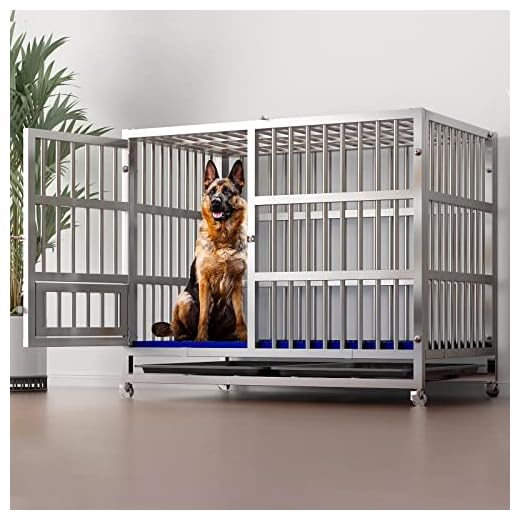 Eiiel Large Stainless Steel Dog Crate XL 43inch Kennel Cages and Playpen for Training Large Dog Indoor Outdoor with Double Doors, Metallic, (EL-450C)