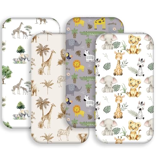 Juego de 4 sábanas bajeras Unisex con diseño de Animales de la Selva Safari, para guardería, para bebé, niños o niñas (sábanas para moisés)