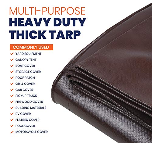 Image of Extra Heavy Duty 14 Mil Tarp Cover, Waterproof, UV Resistant, Rip and Tear Proof, Poly Tarpaulin with Reinforced Edges for Roof, Camping, Patio, Pool, Boat (Brown /Black 18′ X 24′)