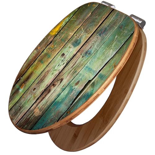 banjado Design WC Sitz Bambus Absenkautomatik 45,8x37,5cm - Toilettendeckel mit Absenkautomatik Holz - hochwertiger Bambus Klodeckel - WC-Sitz für gängigen Toiletten - Motiv Grünes Holz