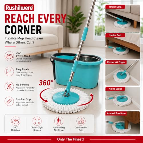 Image of 360 Spin Mop with Bucket for Floor Cleaning | Magic Mop Set with Wheels, Wringer & Microfiber Refill | Stainless Steel Handle Floor Cleaning Mop for Home, Tiles & Wooden Floors (Blue)