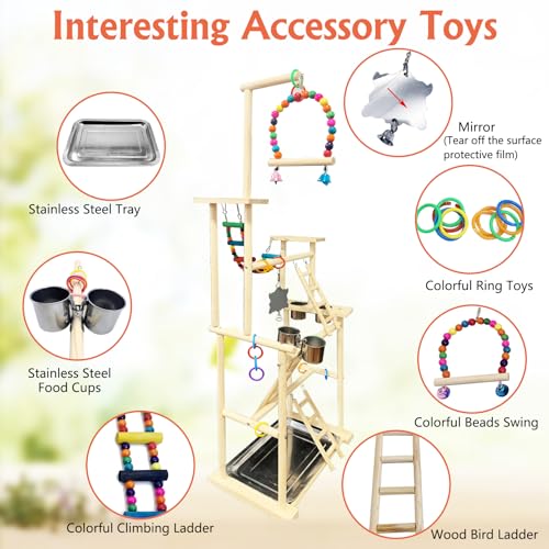 Hamiledyi Natural Wood Bird Playground Stand with 4 Large Layers - Exercise Perch for Parrots Cockatiels and Small Birds Indoor Bird Activity Center with Ladders and Swings - Thumbnail 2