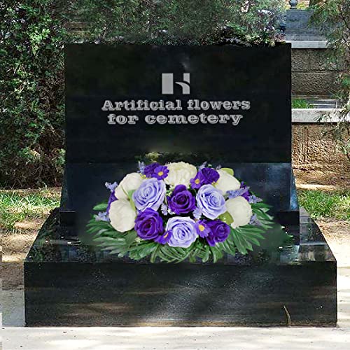 Henomo Headstone Flower Saddle For Grave,Color-Non Bleed,Artificial Cemetery Flowers-Purple Rose And White Peony Mix Arrangement, Outdoor Graveside Decor #TOP2