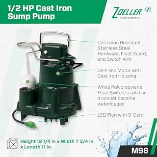 Zoeller 98-0001 1/2 HP 72 GPM 1-1/2-Inch Discharge M98 Flow-Mate Cast Iron Automatic Sump Pump with Vertical Float Switch
