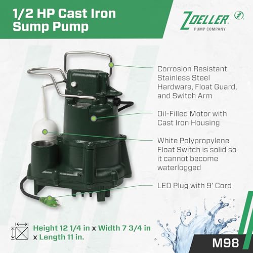 Zoeller M98 Flow-Mate Sump Pump - 1/2 HP - Cast Iron - LED Power Plug - High Flow - Vortex Impeller - Stainless Steel Hardware - Factory Tested and Float Operated - Submersible Sump Pump - 115V