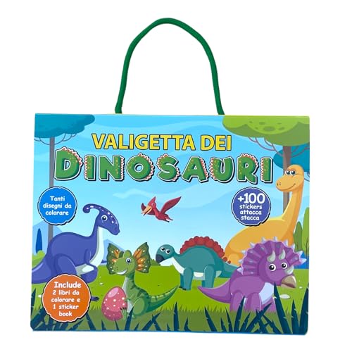 EURO PUBLISHING - Valigetta dei Dinosauri - cm 26,5x21,5 (include 2 libri da colorare+1 sticker book+100 stickers attacca e stacca)
