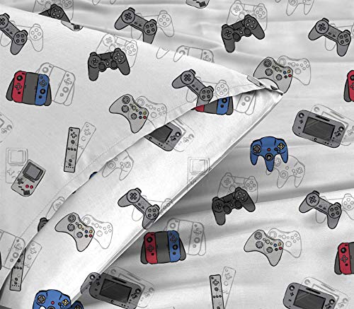 Kids Rule 7-Piece Gamer Glow In The Dark Comforter Set, Withn1 Full Bed Size Comforter, A Fitted, And Flat Sheets, And 4 Pillowcases, Game Controllers Print, Blue, Grey, Gifts For Kids - Full #TOP3