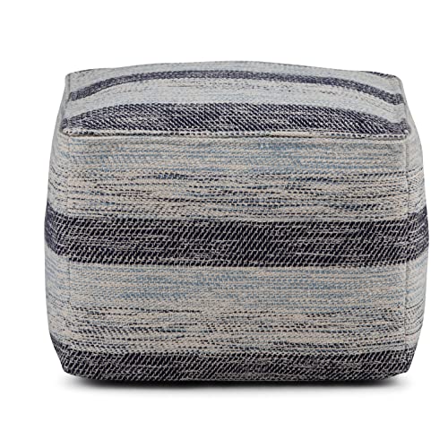 Simplihome Clay Square Pouf, Footstool, Upholstered In Patterned Blue Melange Hand Woven Cotton, For The Living Room, Bedroom And Kids Room, Transitional, Modern #TOP2