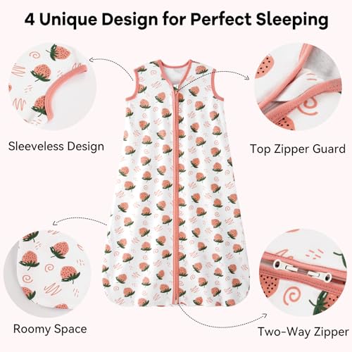 Image of Baby Sleep Sack 18-24 Months 0.5 Tog Wearable Blanket Baby, 3 Pack 100% Cotton Lightweight Sleeping Sack with 2-Way Zipper for Infant Toddler Strawberry