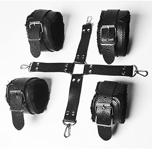 BDSM Sex Bondage Set with Handcuffs and Leg Straps Cuffs, Adjustable Wrist Thigh Restraint Ropes and Soft Tie Set, Portable SM Games Sex Toys for Couples Restraints Kit Unisex (Black)