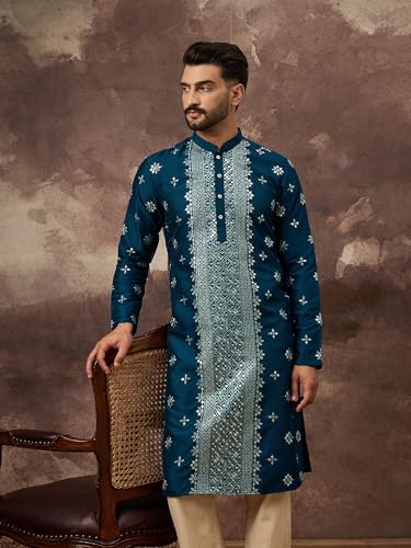 Image of Men's Solid Calf Length Silk Blend Embroidered Kurtas | Men | Kurtas for Mens | Straight Fit Kurta for Men's