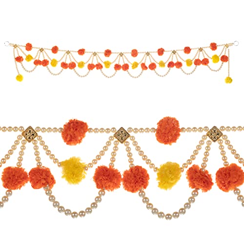 Artificial Marigold Yellow and Orange Fluffy Flower Garland Decor for Home Indian Traditional Festival Entrance Door Toran Hanging Decoration with Moti (Size:- 38
