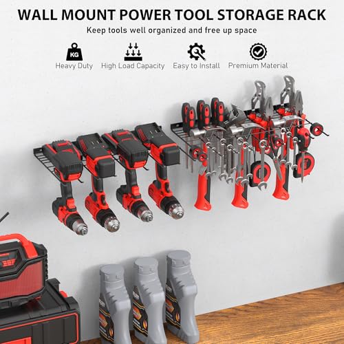 JUNNUJ-2-Pack-Power-Tool-Organzier-Wall-Mount-Heavy-Duty-8-Drill-Holder-Garage-Drill-Storage-Rack-Utility-Metal-Tools-Shelf-with-6-Layer-Slots-for-Screwdriver-Plier-and-Hammers-Organization-Black