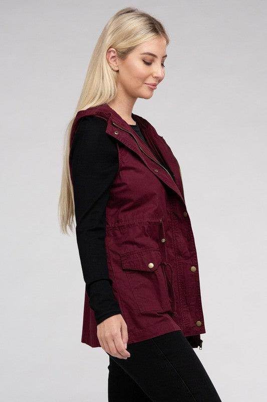 ZENANA Hooded Military Vest for Women in Burgundy Black/L3