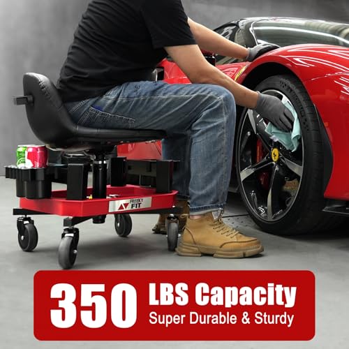 Image of Rolling Shop Stool with Wheels, Adjustable Garage Mechanic Stool Seat Shop Roller Work Chair Mobile Rolling Seat with Tool Tray, 2 Cup Holders, 4 inch Casters, 350 LBS, Heavy-Duty, Red