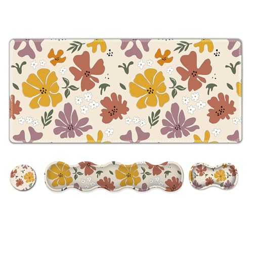 ARTSO Gaming Mouse Pad Wrist Support Set,Cute Flower Desk Mat+Mouse Pad with Wrist Rest +Keyboard Wrist Pad+Coaster,4-in-1 Mousepad Ergonomic Design for Home Office Game