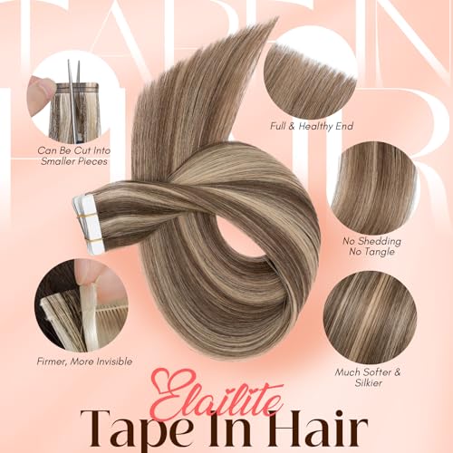 Image of Elailite Tape in Hair Extensions Human Hair Thick Real Remy Hairpieces Medium Brown & Dark Blonde 22 Inch 50g 20pcs Straight Invisible Seamless Skin Weft Best Tape for Women