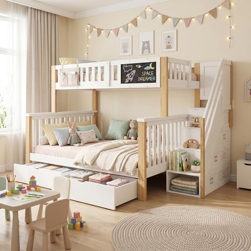 Yihomfy Lit Superposé Enfant 90x200 + 140x200 cm, Cadre de Lit Double avec Rangement, Structure en Pin Massif, Design Sécurisé avec Barrière de Protection,...