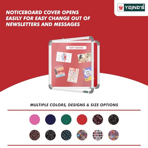 Image of YAJNAS 3X3 Feet Premium Material Red Designed Notice Board with Acrylic Door /Soft Board /Bulletin Board /Pin-up Display Board for Study Room, Office, School & Home Use