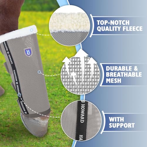 Image of Harrison Howard Loose-Fitting Horse Fly Boots UV-Protective, Breathable, Tear-Resistant Fine Mesh Leggins Stay-on Comfortable Fly Boots with Ultra-Soft Wool Trim (Set of 4) Original Grey Cob (Medium)