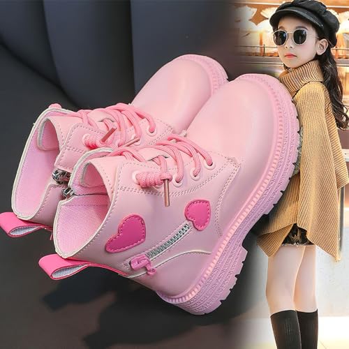 rismart Girl's Ankle Boots with Side Zipper Hearts Pattern Lace up Outdoor Combat Boots2