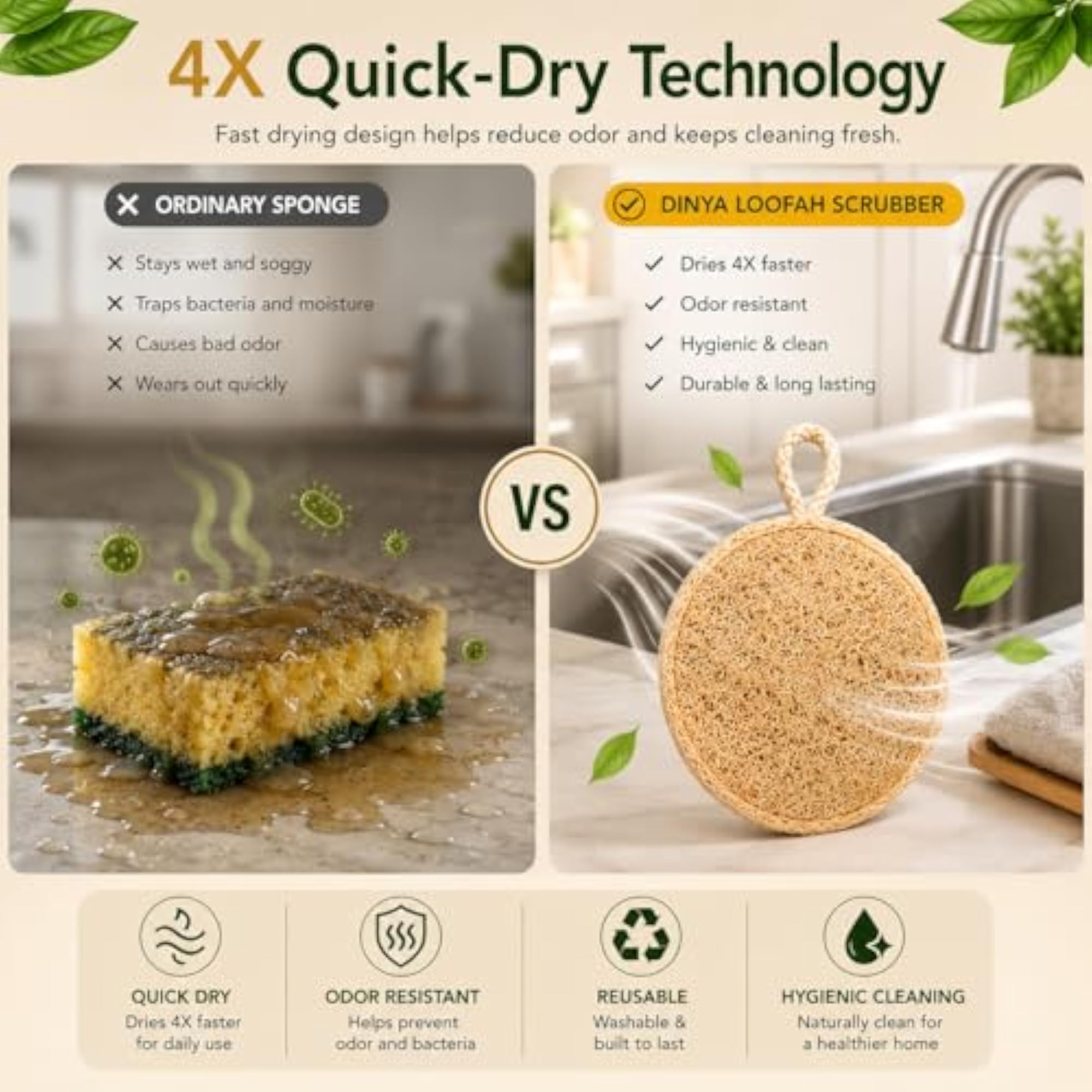 Biodegradable Kitchen Scrubber, Natural Round Loofah Dish Scrub
