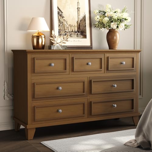 GAOMON Brown Dresser, 7 Drawer Dresser for Bedroom, 47" W Chest of Drawers with Deep Drawers, Closet Dressers with Metal Handle, Thickened Desktop, Wo