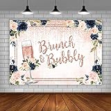 Brunch and Bubbly Bridal Shower Party Photography Backdrop Navy Blue and Pink Floral Shiny Rose Gold...