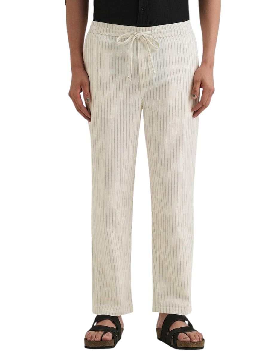 Cotton Blend Pants for Men | Regular Fit Elastic Waist Drawstring | Casual Trousers Breathable Lightweight | Straight Leg Comfortable Summer Beach Lounge Pants-image-0