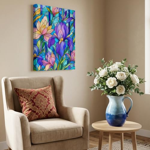 Botanical Flowers Wood Canvas Wall Art,Wall Decor for Bedroom Living Room Dining,Stained Glass Traditional Chic Pattern Canvas Prints Artwork Ready to Hang Home Decor,Housewarming Gift 18''x24'' - Image 7