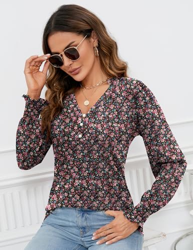 Rapbin Womens V Neck Puff Long Sleeve Button Down Tunic Blouses Fall Tops 2025 Ruffle Cuffs Dressy Casual T-Shirts3