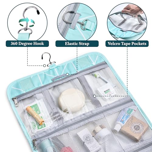 PAVILIA Hanging Toiletry Bag Women Men, Travel Kit Foldable Large Toiletries Organizer, Roll up Cosmetics Makeup Bag Accessories, Waterproof Essentials Jewelry Case (Teal Chevron)3