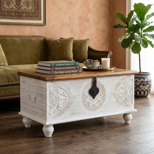 Image of Devin Wooden Trunk Box for Storage | Solid Wood Coffee Table for Living Room | Center Coffee Table with Storage | Front Wooden Carved Sandook Pitara for Home Decor & Bedroom (White Distress)