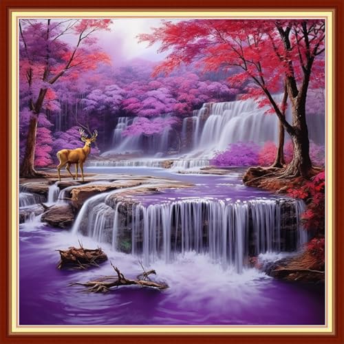 Image of Artvxeay Stamped Cross Stitch Kits - Embroidery Kits for Beginners Cross Stitch Kits for Adults 11 CT Printed Patterns Needlepoint Kits- Purple Maple Leaf Waterfall 18x18 inch