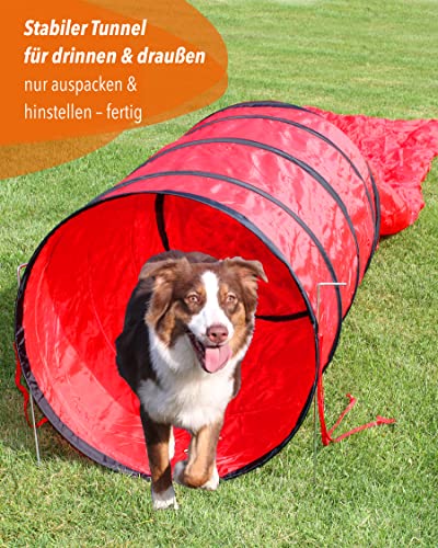 SPORTIKEL24 Agility Sacktunnel Rot – 3,80 m Länge, Ø 60 cm – Für Welpen & Anfängerhunde – mit Ösen, Heringen & Tragetasche – von Superhund