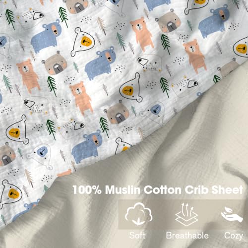 Image of Little Grape Land Muslin Crib Sheets Fitted for Boys and Girls 2 Pack, 100% Cotton Baby Bed Sheets Soft Breathable, Neutral Fitted Baby Mattress Sheets for Standard Crib (Bear, Crib Sheets)