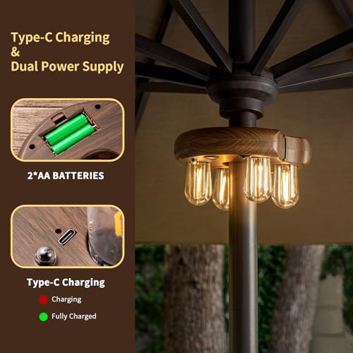 Image of Dark Wood Grain Patio Umbrella Light with Remote Control, Rechargeable Cordless LED Edison Bulbs Pole Light with 10 Brightness Levels for Garden, Patio, Backyard, Camping or BBQ (1 Pack)