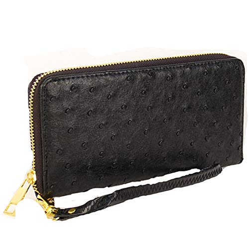 LOEM faux ostrich zipper pockets CD's bills coins woman L wallet designer inspired (black)