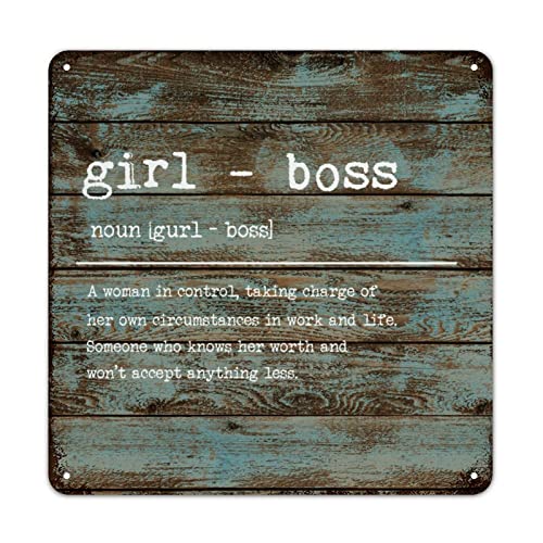 Signe en métal d'interprétation de mots significatifs avec définition linguistique « Girl Boss » - Grain de bois - Style shabby chic - Pour cour, jardin, bar, café - 30,5 x 30,5 cm