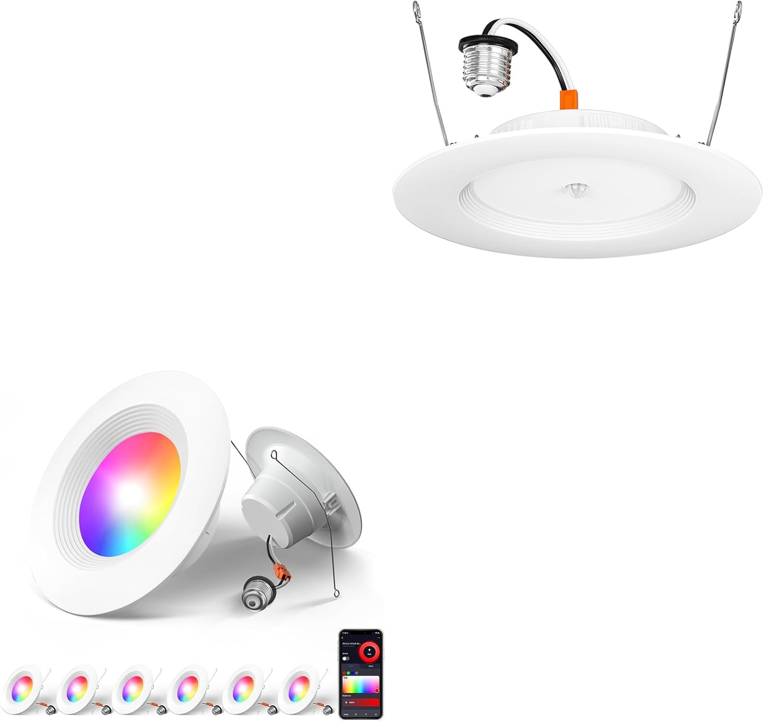 Amico 6 Pack 5/6 Inch Smart WiFi LED Recessed Can Lights with RGBCW Color Changing and 1 Pack 5CCT Motion Sensor Recessed Light, APP Control, IC & ETL