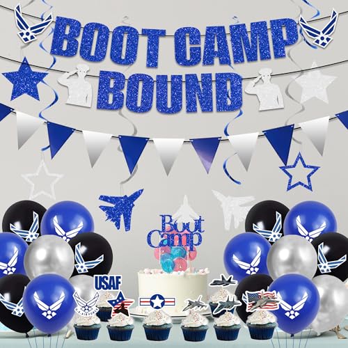 Image of Holkcog Air Force Party Decorations, Blue Boot Camp Bound Themed Birthday Banner, Farewell Party Welcome Ceremony, Fighter aircraft Cupcake Decoration, Jet Aircraft Plane Airplane Military Cake Topper