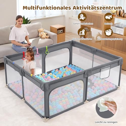 Dripex Laufstall Baby 150x180cm, Laufgitter Baby, Laufstall mit atmungsaktivem Netz, Laufgitter 210D Oxford Gewebe, Playpen, kinderlaufstall, Große Sicherheitsspielplatz, Grau