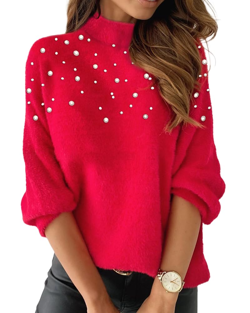 Womens Mock Turtleneck Pearl Sweater Fuzzy Long Sleeve Bead Fluffy Pullover Jumper Tops Trendy